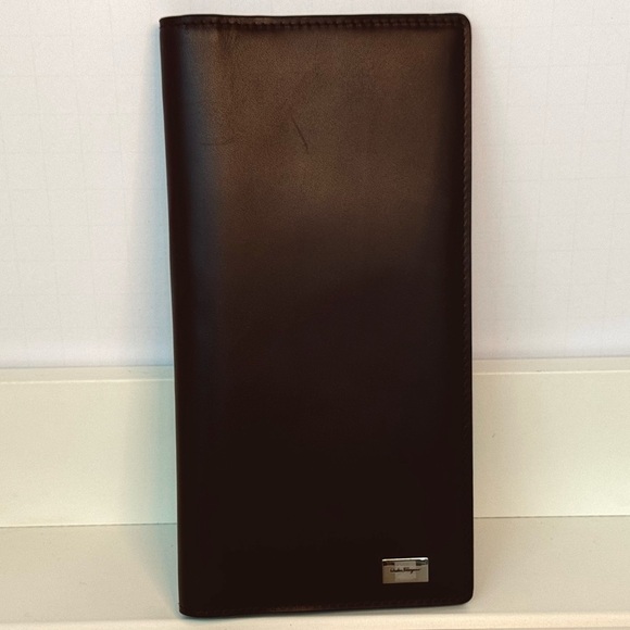 Salvatore Ferragamo Ganchini Leather Dark Brown Long Billfold Wallet - Picture 1 of 13